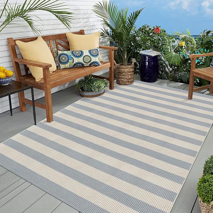 OJIA Striped Area Rug 5'x7' Outdoor Rug, Washable Patio Rugs Camping Rug | Farmhouse Cotton Woven Bedroom Rugs Indoor Outdoor Rugs Living Room Carpet for Dining Room Deck Backyard Camping Blue/White