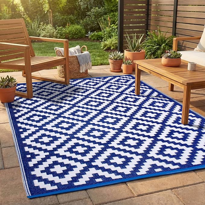 FH Home Outdoor Rug - Waterproof, Fade Resistant, Reversible - Premium Recycled Plastic - Geometric - Patio, Porch, Deck, Balcony - Aztec - Blue & White Crease Free - 5 x 8 ft