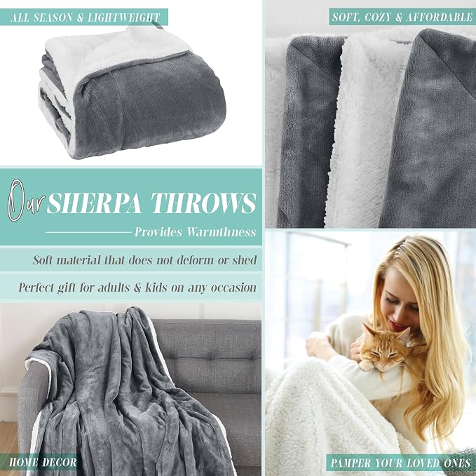 Elegant Comfort Throw Blanket, Reversible Sherpa Flannel, Ultra-Soft, Fuzzy, Cozy and Plush- All Season Lightweight Decorative Throw, 50 x 60 inches, Solid Sherpa Throw, Gray