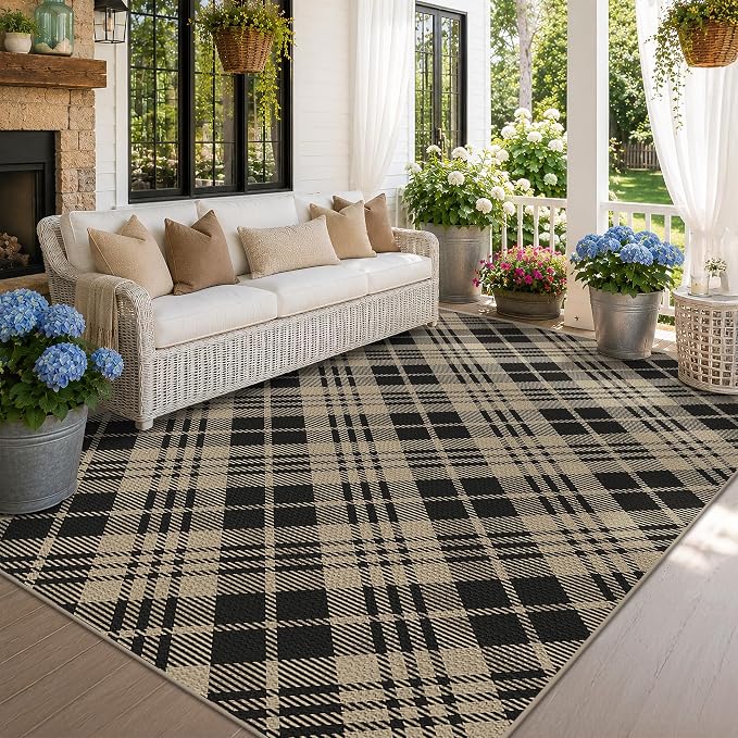 JTJ Easy Jute Outdoor Rug 6' x 9', Washable Non Slip Indoor Outdoor Low Pile Geometric Plaid Area Rug for Patio, Porch, Living Room & Dining Room