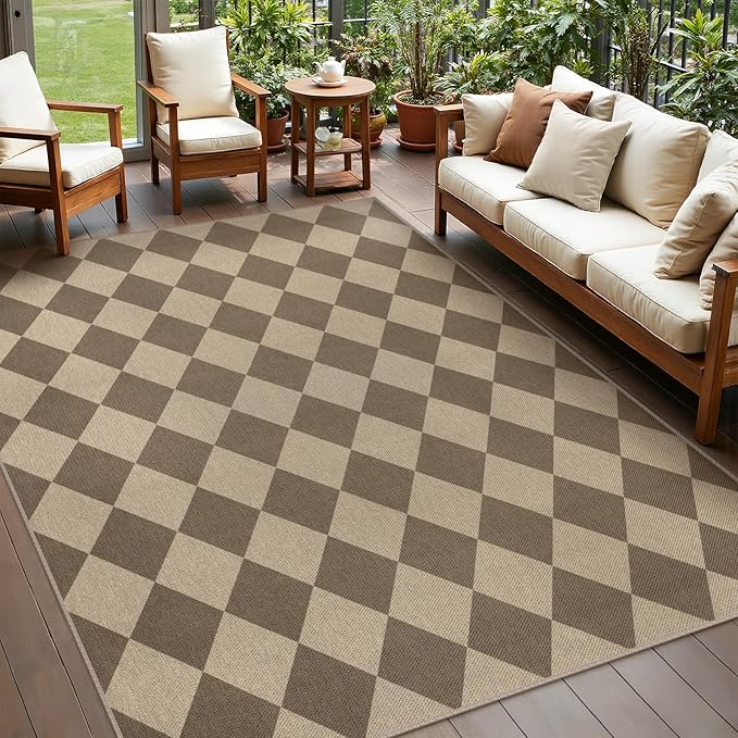 Rugalia Easy Jute 5x7 Outdoor Patio Rug, Washable Brown Checkered Rugs for Living Room, Non-Slip Farmhouse Diamond Outdoor Mat Neutral Abstract Floor Carpet for Patio Dining Room Backyard