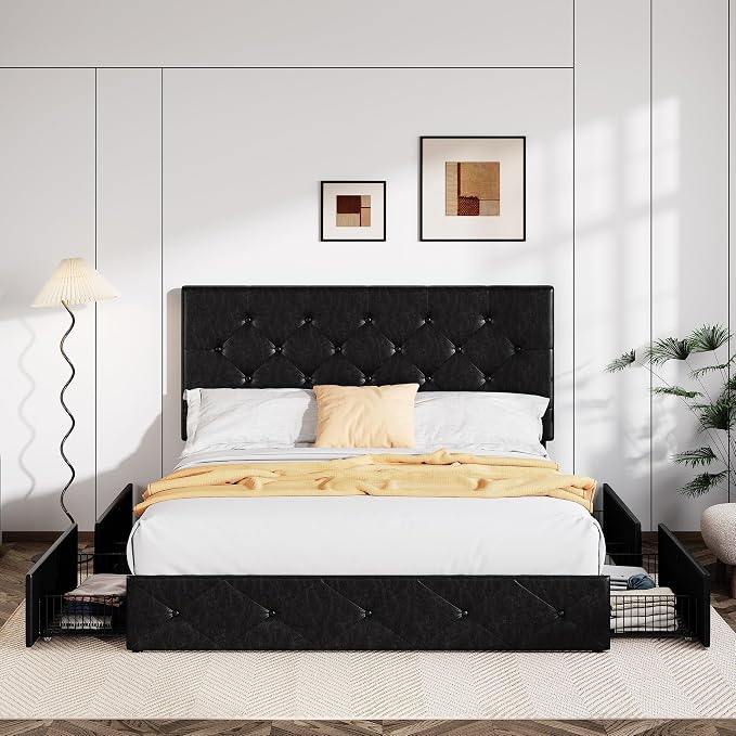 Allewie Upholstered Full Size Platform Bed Frame with 4 Storage Drawers and Headboard, Diamond Stitched Button Tufted, Mattress Foundation with Wooden Slats Support, No Box Spring Needed, Black