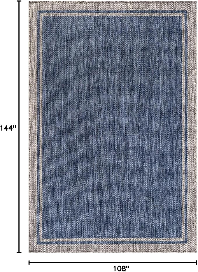 CAMILSON Outdoor Rug, 9x12 Bordered Navy Blue Gray Modern Large Area Rugs for Indoor and Outdoor Patios, Porches Waterproof Washable Porch Deck Outside Carpet (Bordered Navy, 9 x 12)
