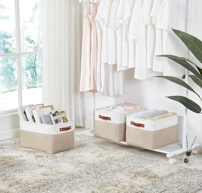 DECOMOMO Storage Bins, Extra Large Fabric Storage Baskets for Shelves 3Pack | 15.8 x 12.5 x 10 inches Decorative Linen Closet Organizers (Beige & White)