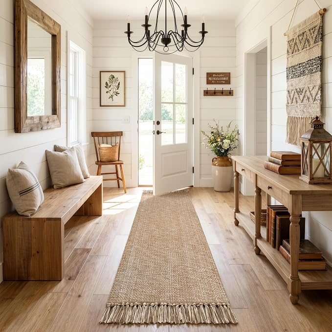 Collive Boho Kitchen Runner Rug, 2' x 7' Washable Modern Farmhouse Bathroom Mats, Hand-Woven Rug Runners Hallway Tan Reversible Bedroom Carpet for Laundry Entryway Home Decor