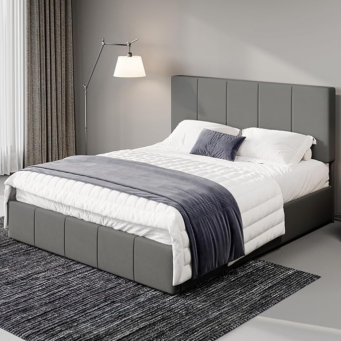 Allewie Queen Size Dutch Velvet Upholstered Platform Bed Frame/Vertical Channel Tufted Adjustable Headboard/Low Profile Bed Frame/No Box Spring Needed/Easy Assembly/Grey