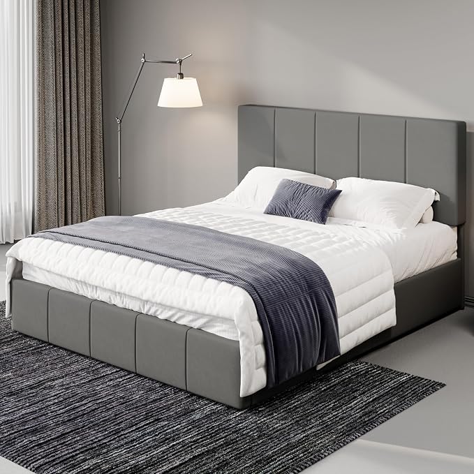 Allewie Full Size Dutch Velvet Upholstered Platform Bed Frame/Vertical Channel Tufted Adjustable Headboard/Low Profile Bed Frame/No Box Spring Needed/Easy Assembly/Grey