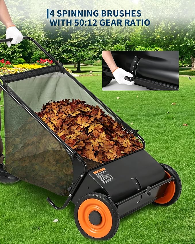 26-Inch Push Lawn Sweeper, 7 Cu. Ft. Hopper Capacity Leaf & Grass Collector | 4 Spinning Brushes, Adjustable Brush Height, Heavy Duty Steel Frame, Manual Yard Sweeper for Leaves & Grass Clippings, Black