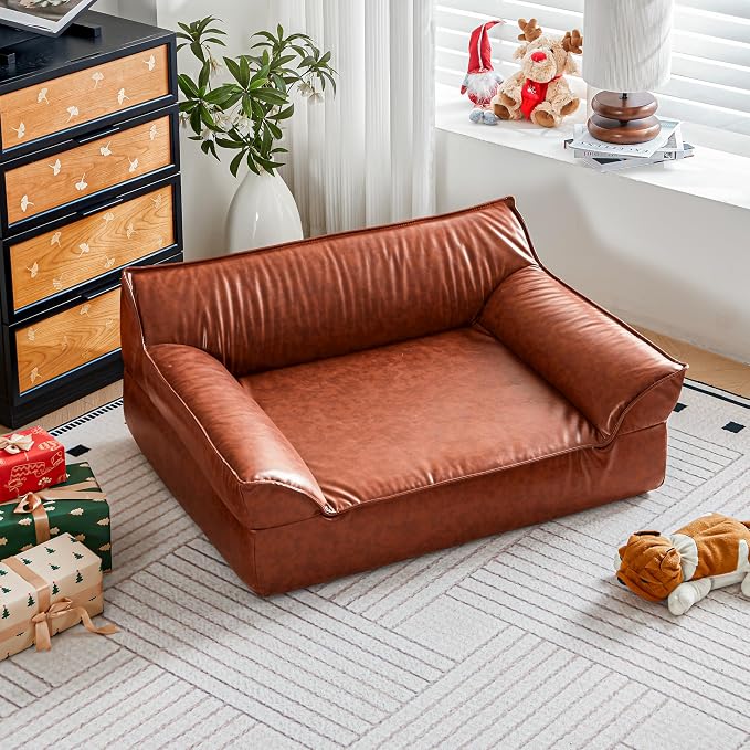 Large Leather Dog Sofa Pet Bed Couch for Large and Medium Dogs Under 70 lbs, Brown Luxurious Vintage Elevated Dog Sofa Chaise Indoor Furniture Style Pet Supplies Low Maintenance