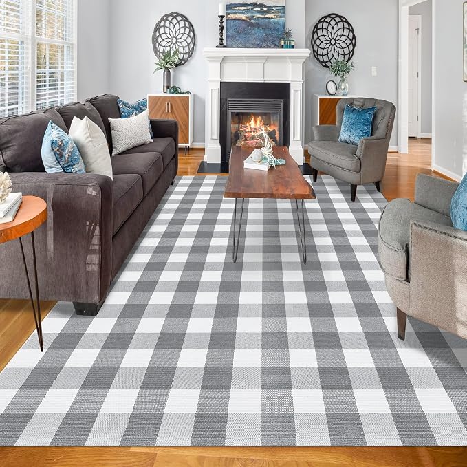 Buffalo Plaid Rug 6x9 Feet Buffalo Check Cotton Grey and White Checkered Rug Woven Washable Indoor Outdoor Area Rug Home Decor Carpet for Living Room Farmhouse Dining Bedroom Patio