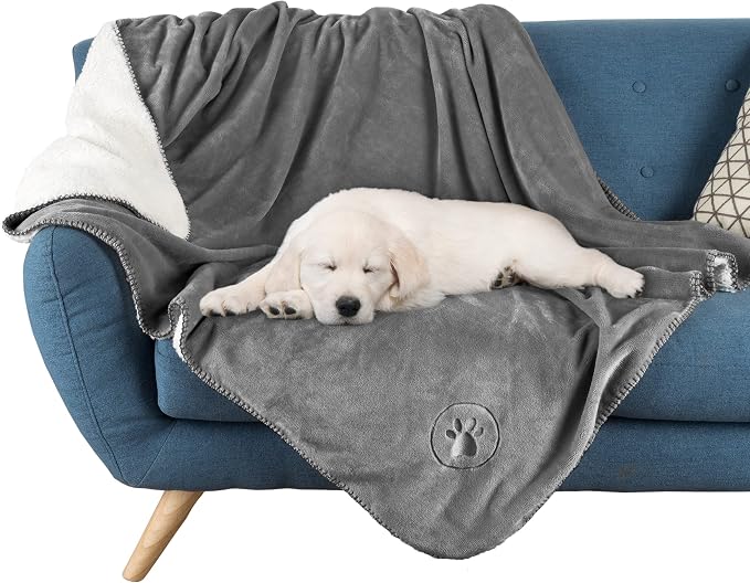 Waterproof Pet Blanket - 50x60-Inch Reversible Sherpa Fleece Throw Protects Couches, Cars, and Beds from Spills, Stains, and Fur by PETMAKER (Gray)