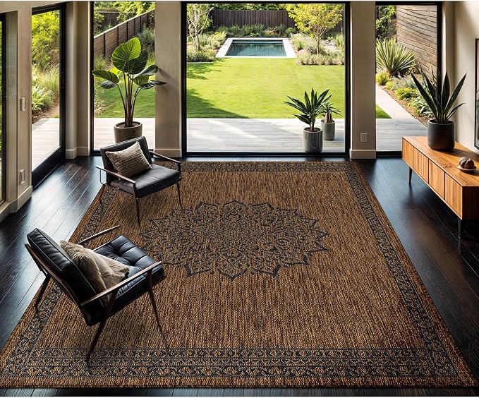 CAMILSON Outdoor Rug 9x12 Medallion Gold Modern Large Area Rugs for Indoor and Outdoor Patios Kitchen and Hallway Mats Washable Porch Deck Outside Carpet (Medallion Gold 9 x 12)