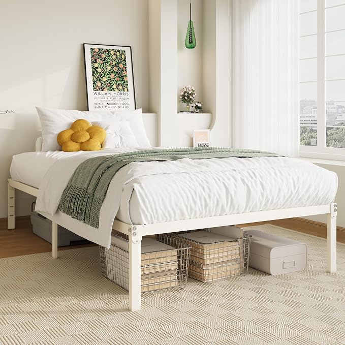 Allewie Twin Bed Frame, 14 inch Metal Beds with Storage Space, Beige | Heavy-Duty Metal Platform Beds, Large Under-Bed Storage Space, No Box Spring Needed, Easy Assembly