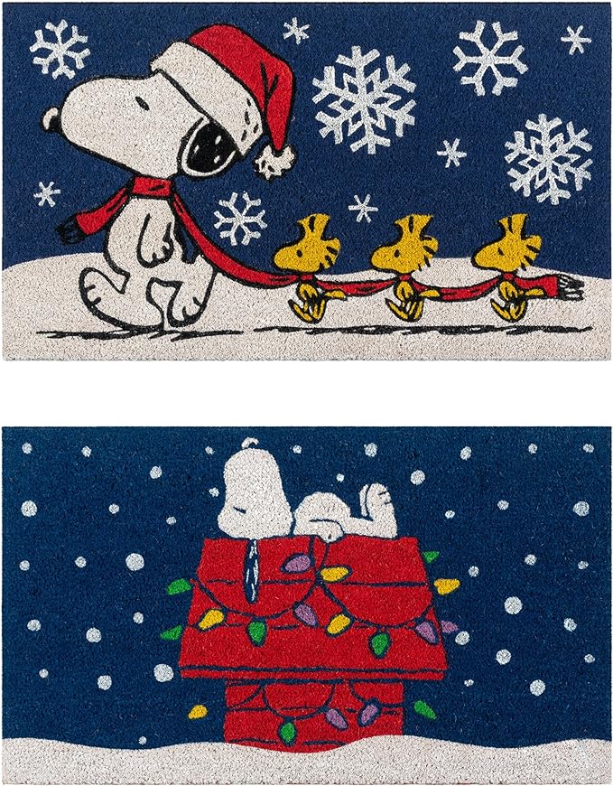 Gertmenian Peanuts Snoopy Coir Doormat - 2x3 Welcome Mat (2-Pack), Ideal for High Traffic Areas in Front Door, Garage, Entryway - Snowflake/Dog House Lights, 80004