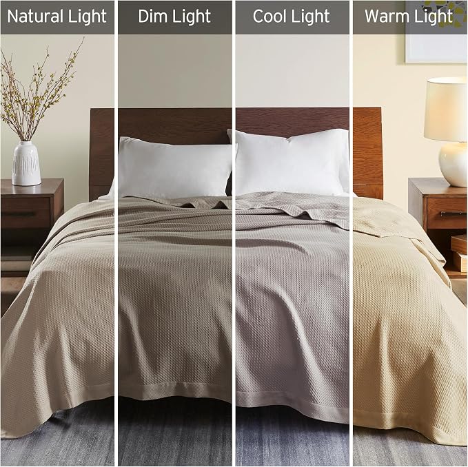 Madison Park 100% Egyptian Cotton Twin Size Bed Blanket for Summer Khaki | Cozy Soft Breathable Durable, Waffle Weave Woven Casual, Lightweight Knit All Season Throw for Bed Couch or Sofa, OEKO TEX