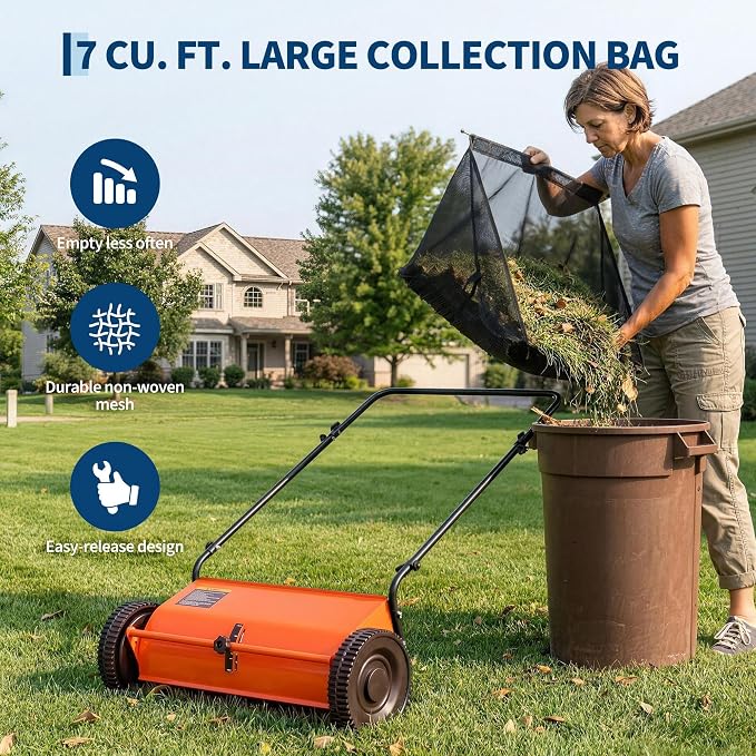 26 Inch Push Lawn Sweeper, 7 Cu ft Hopper Bag, Carbon Steel Frame | Heavy Duty Walk Behind Leaf Collector and Yard Sweeper, Adjustable Brush Height Push Lawn Sweeper for Garden Patio Driveway