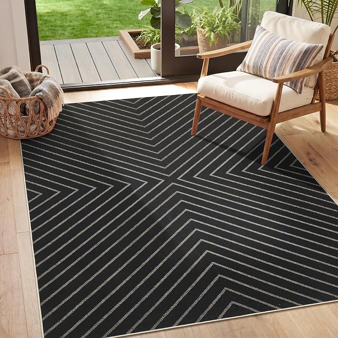 Garvee Striped Easy Jute Outdoor Patio Rug, 3x5 Washable Rugs for Entryway Porch, Non Slip Farmhouse Neutral Non Shedding Indoor Outdoor Carpet for Entry Kitchen Guestroom Deck Foyer 3'x5' Black