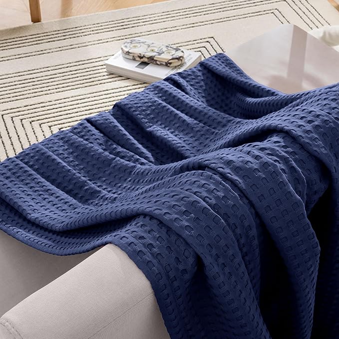 Elegant Comfort Premium 100% Cotton Waffle Blanket - Lightweight Breathable Waffle Weave Bed Blanket - Soft and Warm All Season Blanket for Couch, Sofa and Bed, King Size 90x108 Inches, Navy Blue
