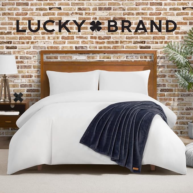 Lucky Brand Solid Plush 50"x70" Throw Blanket, Vintage Blue Indigo - Soft, Cozy, and Timeless Comfort
