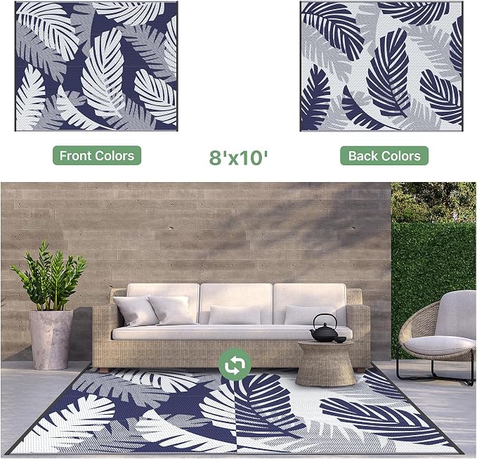 GENIMO Outdoor Rug, Waterproof Plastic Rugs for Patio, 8'x10' Blue White | Outside Larger Leaf Carpet Mat for Porch Decor, Deck, Balcony, Camping, RV, Backyard, Picnic, Beach, Reversible, Foldable