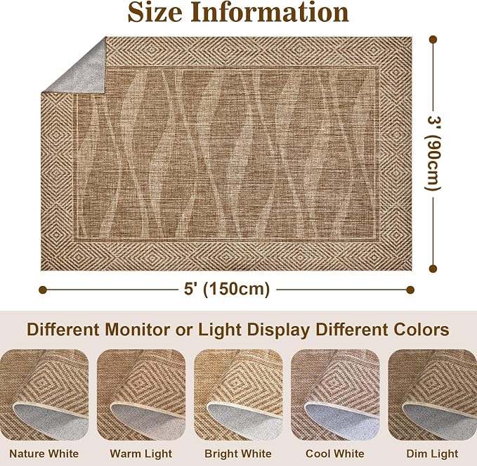 Jute Rug 3x5 Outdoor Patio Rug with Border, Washable Rugs for Entryway Porch, Farmhouse Non Slip Area Rugs with Rubber Backing, Non Shedding Carpet for Indoor Outdoor Bedroom, Courtyard, Light Brown