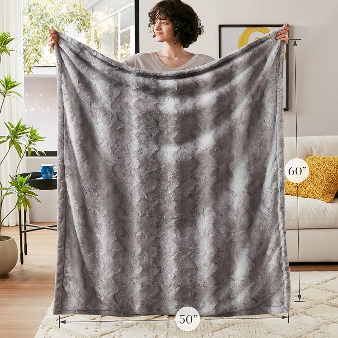Madison Park Zuri Faux Fur Reversible Throw Blanket, 50 x 60 in, Grey | Soft Plush, Luxury, Animal Stripes, Mink Reverse, Modern, All Season, for Bed Sofa Couch, OEKO-TEX Certified