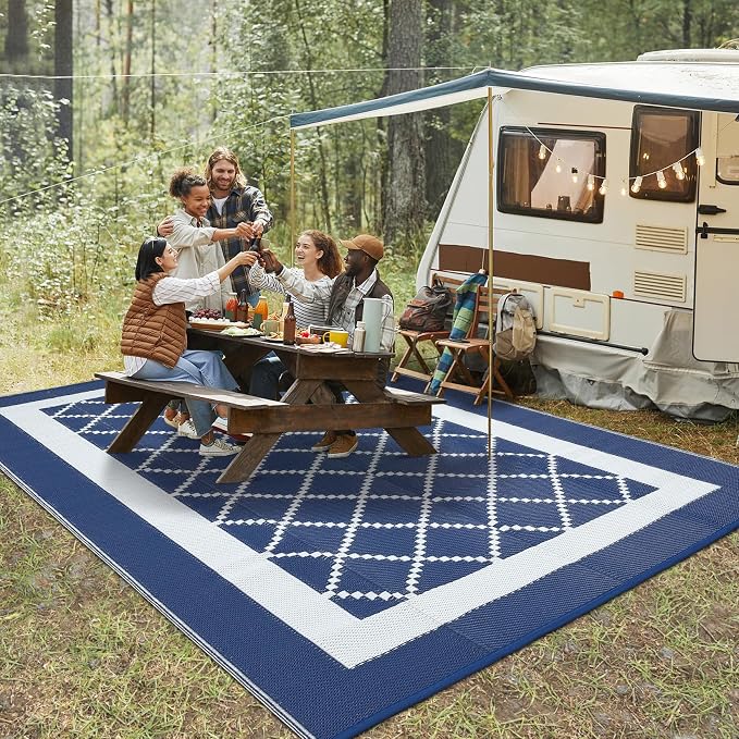Outdoor Rug 8x10ft Waterproof Reversible Modern Geometric Plastic Straw Patio Carpet UV-Resistant Easy Clean Lightweight Collapsible Area Rug for Garden Deck RV Picnic Porch