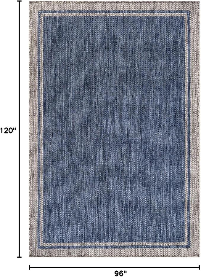 CAMILSON Outdoor Rug, 8x10 Bordered Navy Blue Gray Modern Area Rugs for Indoor and Outdoor Patios, Porches Waterproof Washable Porch Deck Outside Carpet (Bordered Navy, 8 x 10)