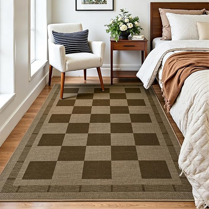 3x5 Outdoor Rug, Jute Checkered Rugs, Patio, Entryway, Balcony, Porch Rug | Indoor Plaid Carpets, Washable Bedroom Kitchen Carpet, Non Slip Farmhouse Neutral Laundry Office Floor Mat, Nature and Brown