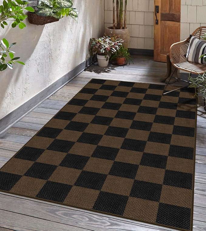 Rugalia Easy Jute Checkered Area Rug, 3x5 Indoor Outdoor Entryway Rug Washable Coffee Checkerboard Kitchen Rugs, Non-Slip Modern Farmhouse Throw Carpet for Living Room Patio Kids Room