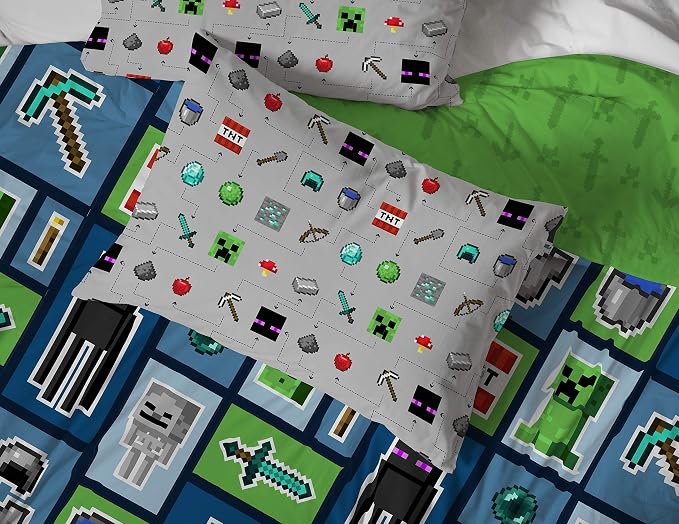 Minecraft Creeper Queen Comforter Set 5 Piece Kids Bedding for Boys, Multi | Zombie, Bed in a Bag, Comforter Sheets Pillowcases, Official Product, Soft Microfiber, Machine Washable, Boys Gift