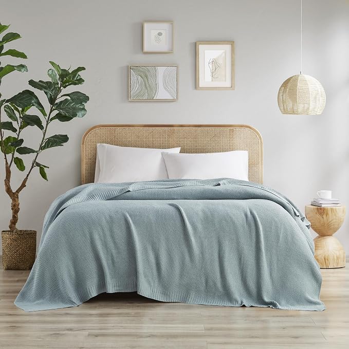 INK+IVY Bree Knit All Season Blanket for Summer, Full/Queen, Light Blue | Ultra Soft, Acrylic, Breathable Fabric for Bed or Couch, Lightweight, OEKO-TEX Certified