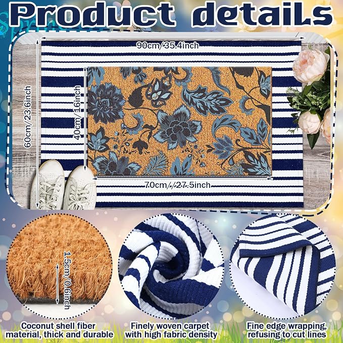 Moucuny 2 Pcs Navy Blue Coir Doormat and Stripe Rug Outdoor | Flower Coir Door Outdoor Navy Blue and White Stripe Rug for Front Door Porch Entryway Decor, 24'' x 35'', 16'' x 28''