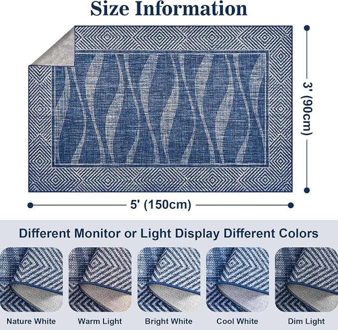 Jute Rug 3x5 Outdoor Patio Rug with Border, Washable Rugs for Entryway Porch, Farmhouse Non Slip Area Rugs with Rubber Backing, Non Shedding Carpet for Indoor Outdoor Bedroom, Courtyard, Blue