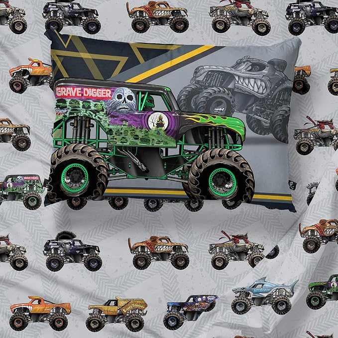 Jay franco Monster Jam MJ Life 4 Piece Twin Bed Set-Includes Reversible Comforter&Sheet Set-Bedding Features Grave Digger, Max-D, Megalodon-Super Soft Microfiber-(Official Monster Jam Product) | Grave Digger Megalodon, Bed in a Bag, Comforter Sheets Pi...