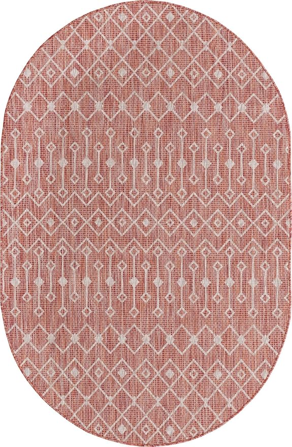 Unique Loom Outdoor Trellis Collection Area Rug - Tribal Trellis (5' 3" x 8' Oval, Rust Red/ Ivory)
