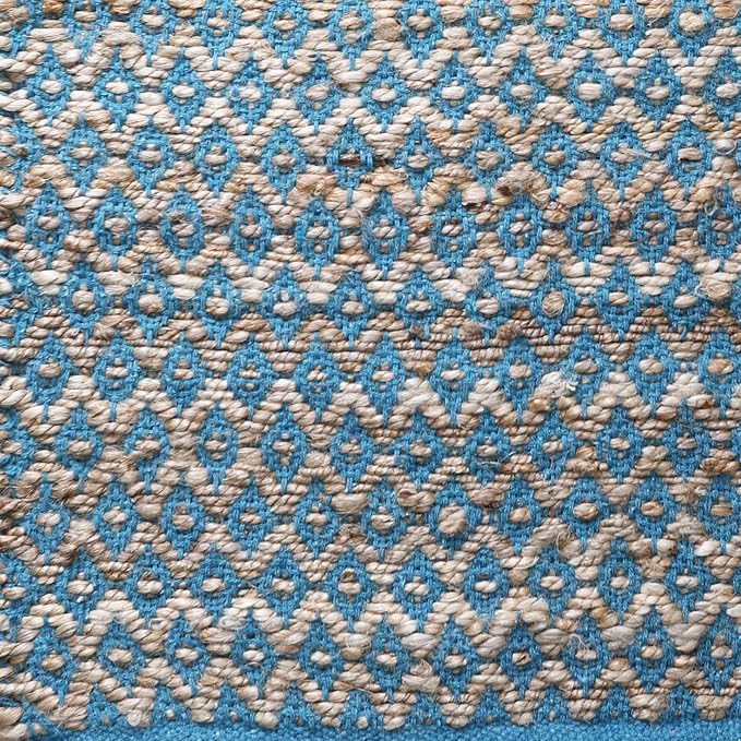 THE BEER VALLEY Jute Cotton Diamond Kitchen Rug 2x3 Feet - Natural Teal | Small Neutral Area Door mat for Entryway, Easy Clean Outdoor Indoor Boho Entry Rugs