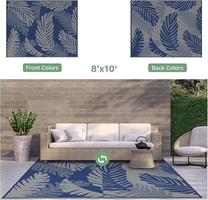 GENIMO Outdoor Rug, Waterproof Plastic Rugs for Patio, 8'x10' Blue Grey | Outside Larger Leaf Carpet Mat for Porch Decor, Deck, Balcony, Camping, RV, Backyard, Picnic, Beach, Reversible, Foldable