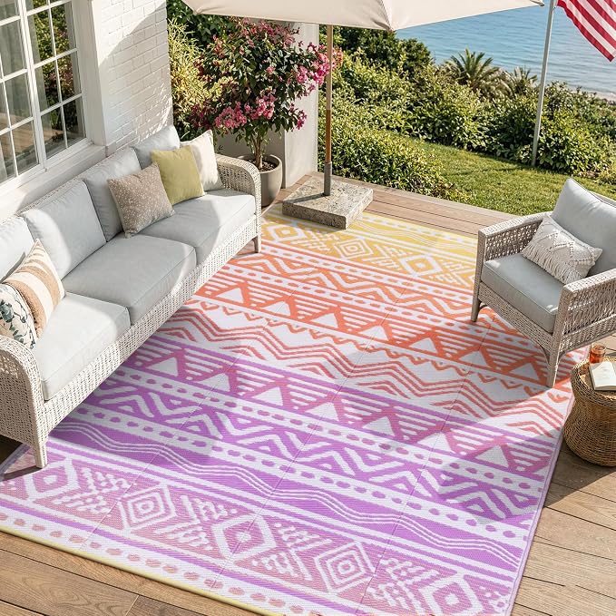 Lahome Outdoor Rug Waterproof, 6x9 Reversible Outdoor Plastic Straw Rug for Camping, RV Patio Rugs Large Carpet for Porch Deck Backyard Balcony Picnic(Orange/Purple,6'x 9')