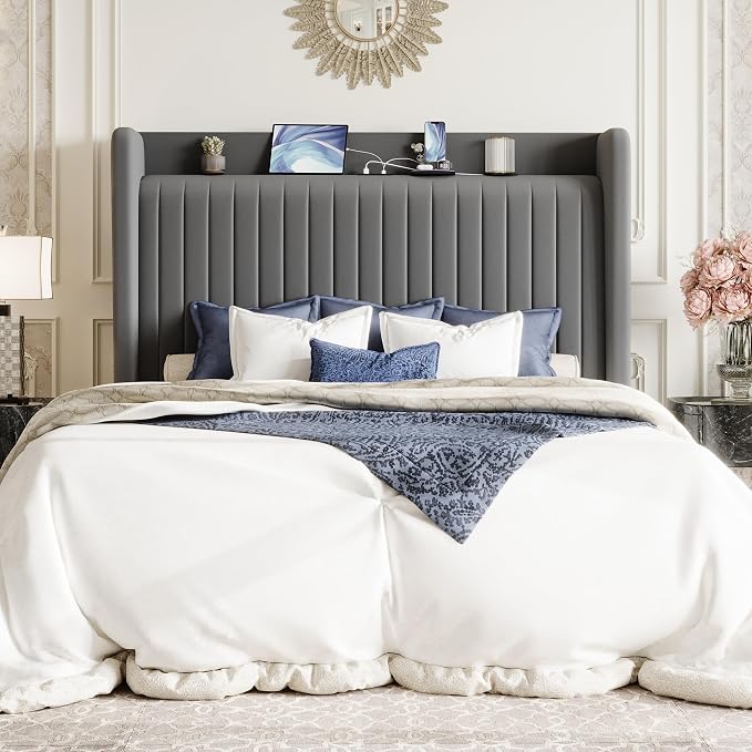 SHA CERLIN Queen Size Velvet Bed Frame with Shelf, Charging Station, Grey | Wingback Storage Headboard, Upholstered Platform Bed, Wooden Slats Support, No Box Spring Needed, Easy Assembly, Noise Free