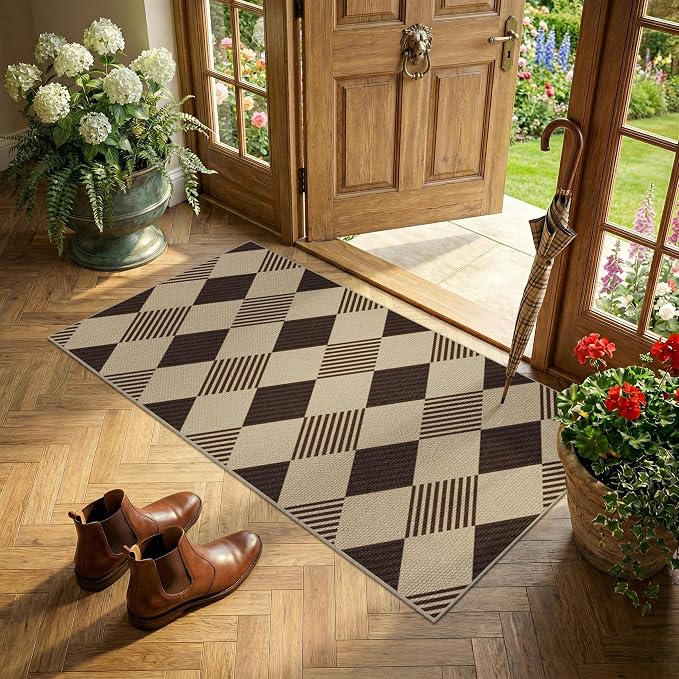2x4 Entryway Door Mat Indoor – Washable Non Slip Small Rug for Front Door, Kitchen Sink, Mudroom, Garage Entry, Low Profile Easy Clean Farmhouse Plaid Floor Mat