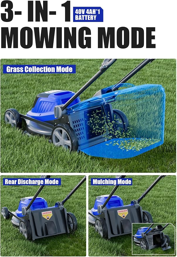 Wild Badger Power 40V 16-in Brushless Electric Cordless Lawn Mower | 16-in brushless push mower for small yards; 5 cut heights, 3-in-1 clipping modes, two 20V 4.0Ah batteries and charger.