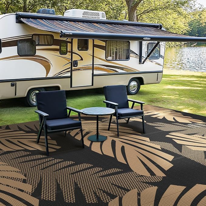 GENIMO Outdoor Rug, Waterproof Plastic Rugs 10'x14' for Camping Black Brown | Outside Larger Leaf Carpet Mat for Porch Decor, Deck, Balcony, Camping, RV, Backyard, Picnic, Beach, Reversible, Foldable