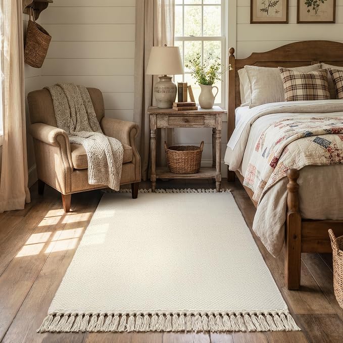 Collive Washable Area Rug 3' x 5', Modern Woven Kitchen Rugs, White/Beige Braided Rug Indoor Door Mat Throw Carpet for Entryway Living Room Nursery Mudroom Laundry Room