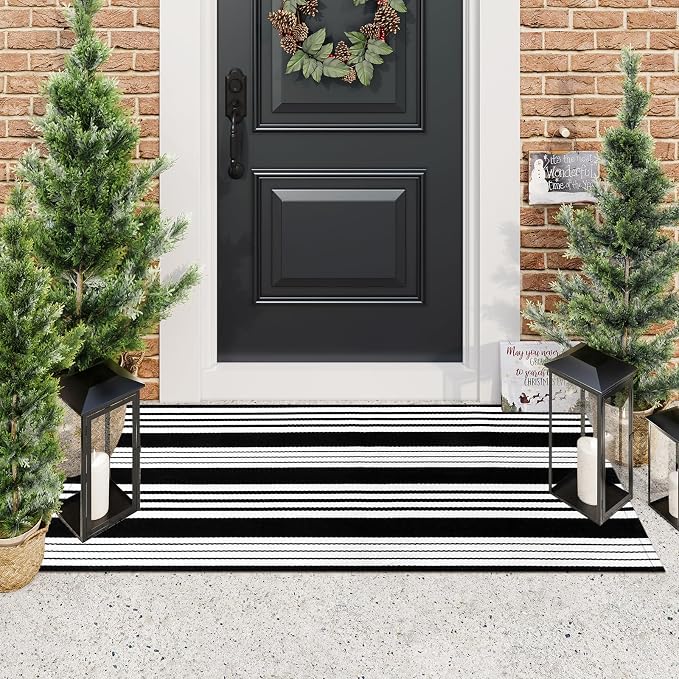LEEVAN 2'X4.3' Black and White Striped Woven Cotton Reversible Outdoor Rug | Small Machine Washable Front Porch Rug, Entryway Door Mat, Indoor Layering Carpet for Farmhouse Bathroom Laundry