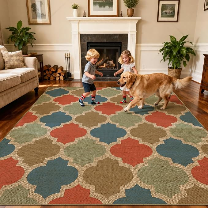 Washable 5x7 Moroccan Trellis Easy Jute Rug for Livingroom, Colorful Neutral Boho Outdoor Indoor Patio Large Area Rug, Woven Ultra Thin Non Slip Carpet Mat for Backyard Kids Bedroom Classroom Playroom