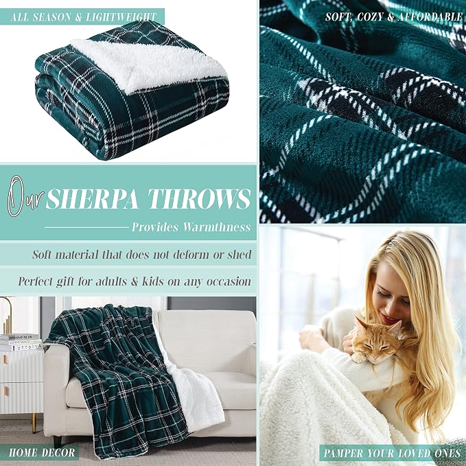Elegant Comfort Throw Blanket, Reversible Sherpa Flannel, Ultra-Soft, Fuzzy, Cozy and Plush- All Season Lightweight Decorative Throw, 50 x 60 inches, Plaid Design Sherpa Throw, Green