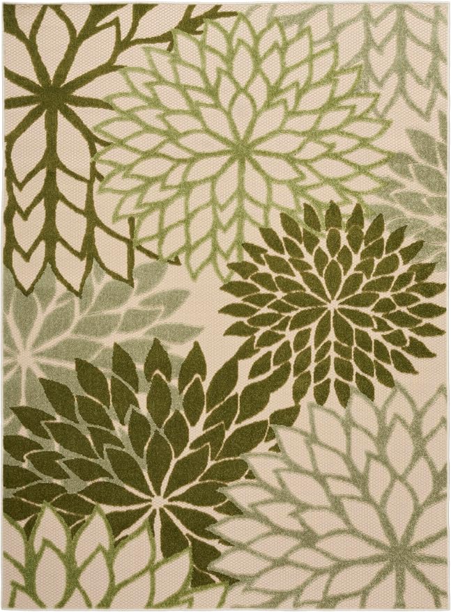Nourison Home Aloha Tropical Indoor/Outdoor Ivory Green 6' x 9' Area Rug, Easy Cleaning, Non Shedding, Bed Room, Living Room, Dining Room, Backyard, Deck, Patio (6x9)