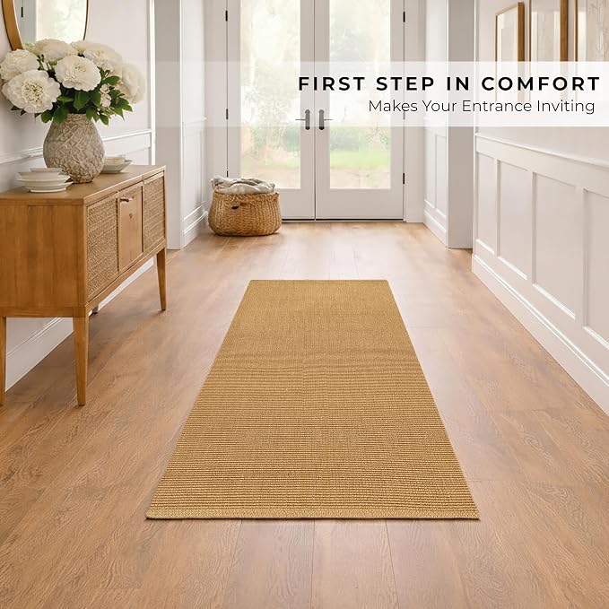THE BEER VALLEY Woven Kitchen Runner Rug 2x6 Feet - Tan | Non Slip Outdoor Long Entry Door Runners for Hallways, Washable Indoor Bathroom Low Profile Rustic Rugs