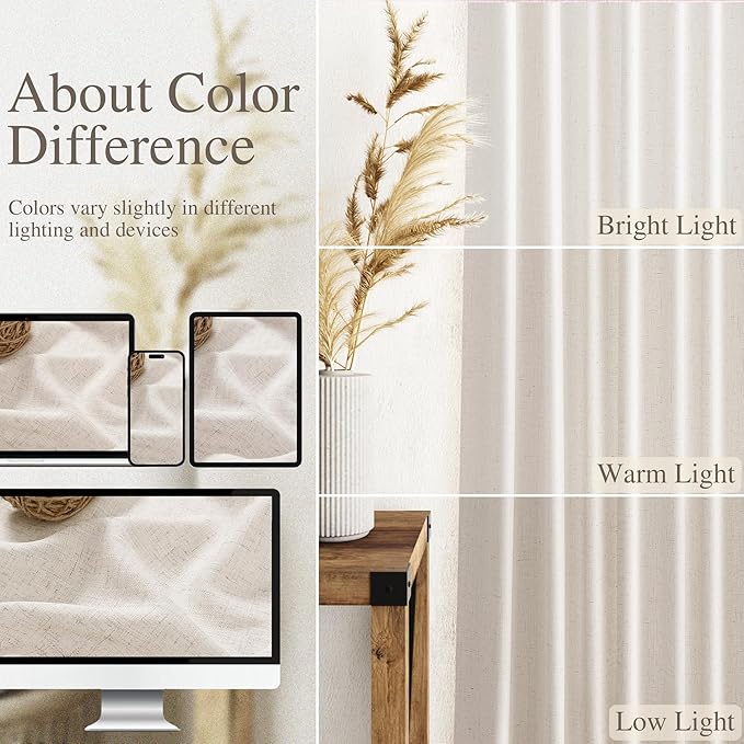 Nanspring Beige Semi Sheer Linen Curtains 72 inch Length for Living Room Back Tab Rod Pocket Modern Farmhouse Coastal Decor Beige Cotton Textured Gauze Curtains for Dining Room Office 52x72